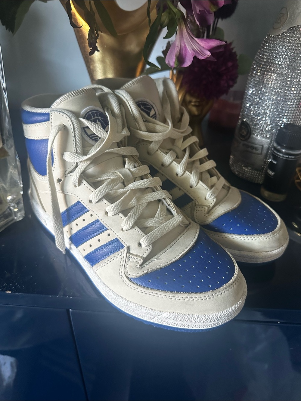 adidas Kids High-Top Sneakers in Beige and Blue
